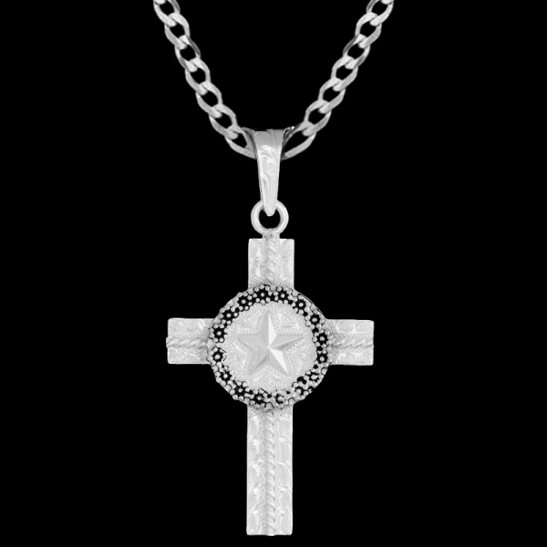 The Mark Cross Pendant Necklace is built on a captivating silver plated cross with intrincate rope details, berries and a five point star figure. Pair it with a special discount sterling silver chain today!